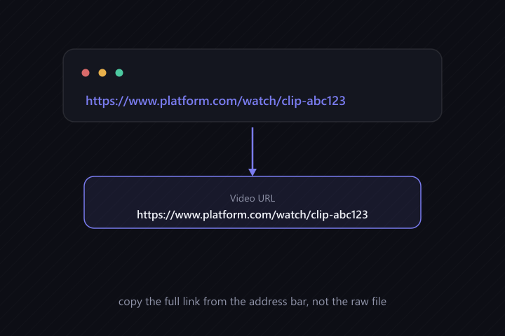 Step 1 of the opensrc.me video downloader: copy the full clip link from the platform's address bar and paste it into the Video URL field