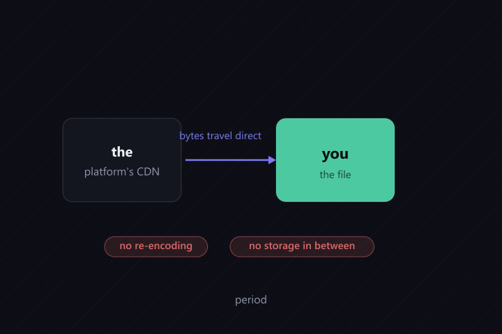 The file's bytes travel directly from the platform's CDN to you, with no re-encoding and no storage in between