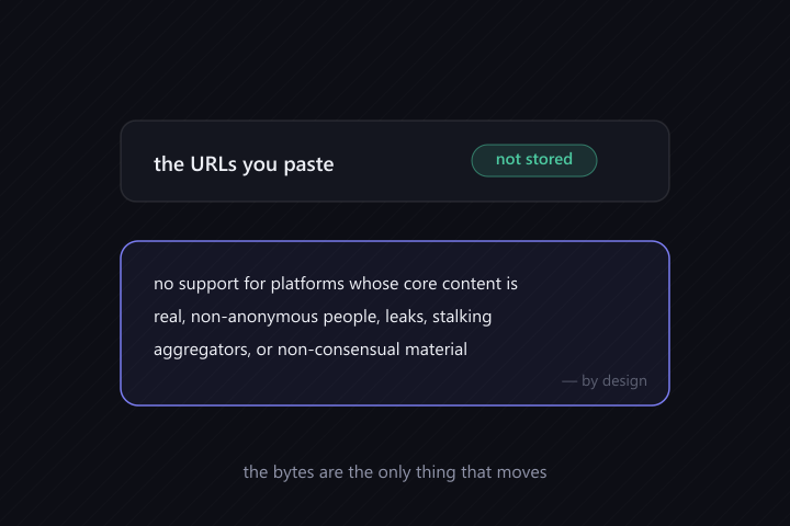 The URLs you paste are never stored, and the downloader refuses platforms with real non-anonymous people, leaks, or non-consensual material